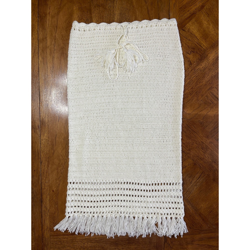 More To Come Crochet Skirt White Fringe Tassel Drawstring Midi Small